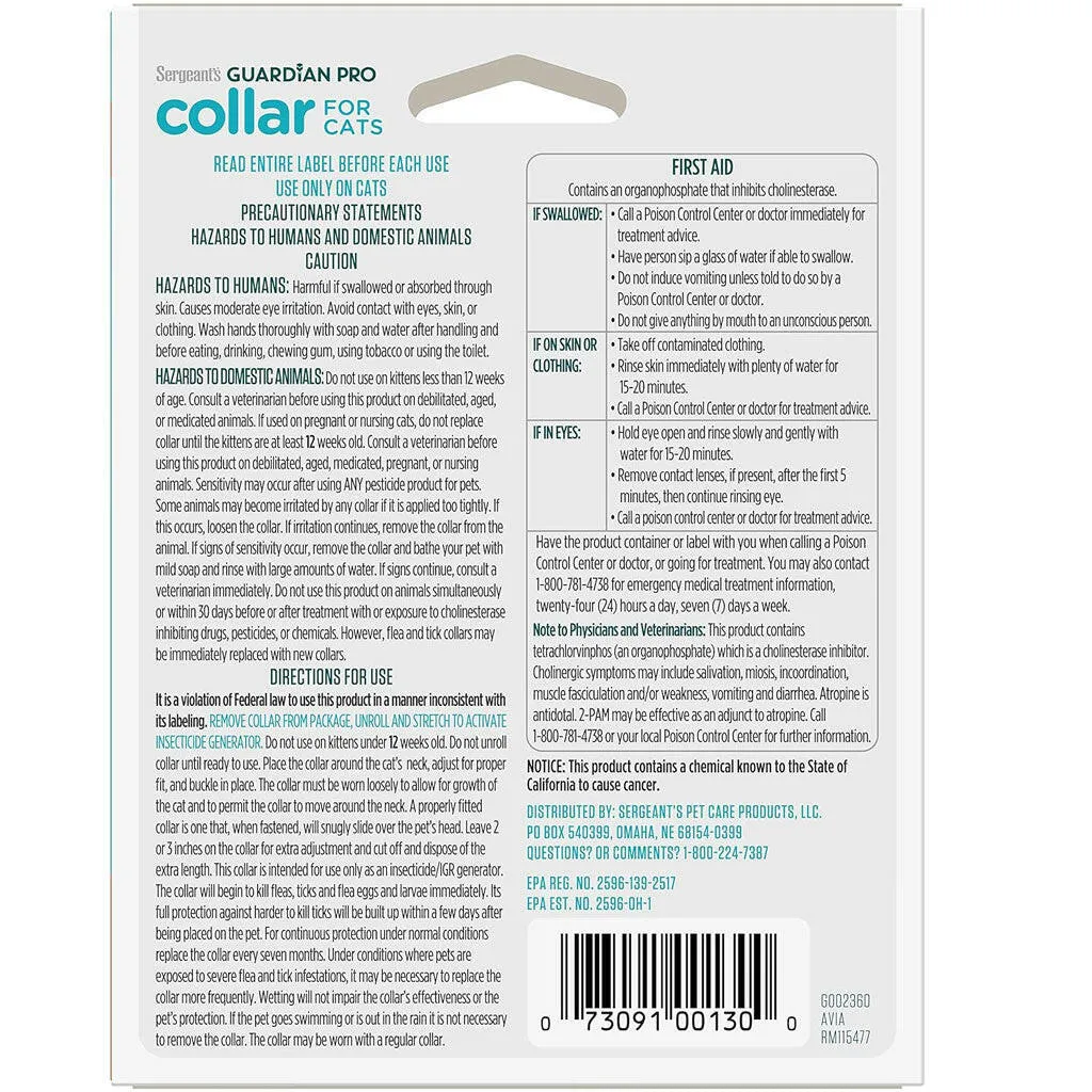Sergeant's Guardian Pro Flea & Tick Collar for Cats, Fresh Scent, 1 Count