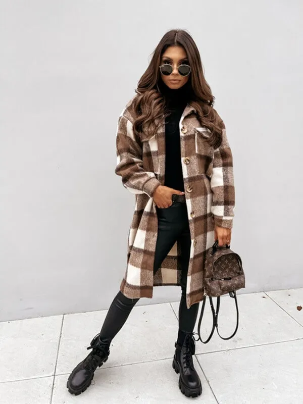Women's Warm Checked Turn Down Collar Coat  | Ideal for Autumn/Winter