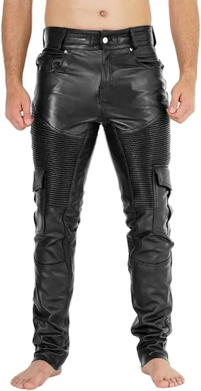 Ylira Men's Black Leather Cargo Pants